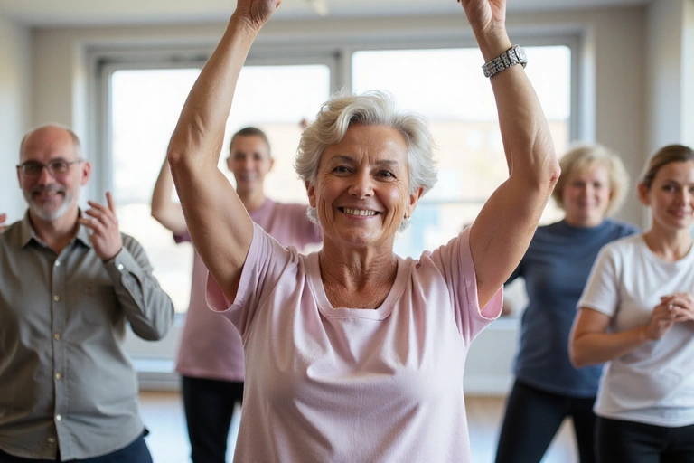 A diverse group of seniors participating in a gentle exercise class, emphasizing community and well-being.