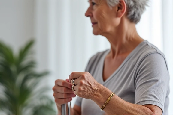 An individual demonstrating shoulder mobility exercises using light resistance bands.