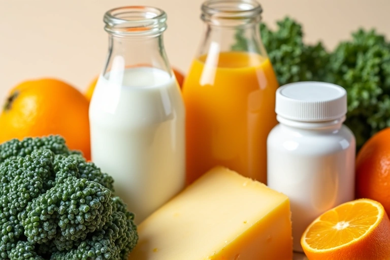 A glass of milk and an avocado, representing sources of calcium and vitamin D for bone health.