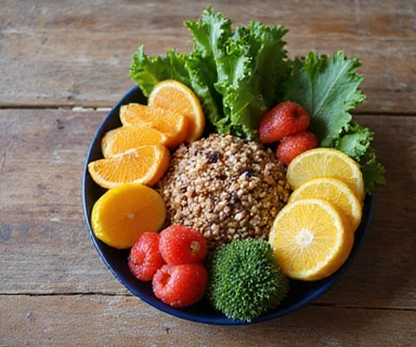 Balanced meal with fruits, vegetables, and whole grains