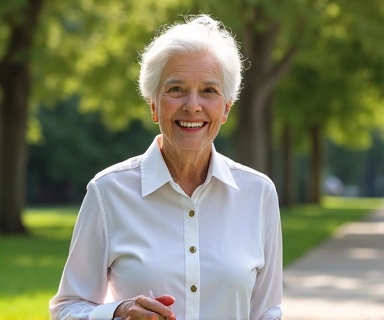 Senior person with excellent posture walking confidently